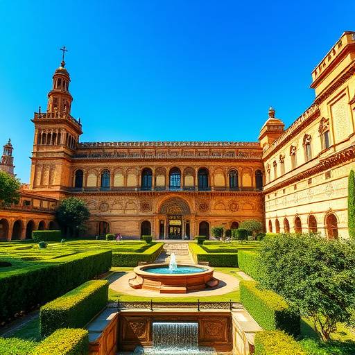 Alc&radic;&deg;zar de Sevilla bajo un cielo azul claro, con detalles arquitect&radic;&ge;nicos intrincados y jardines verdes.