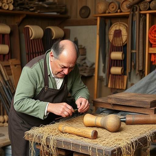 Artesano trabajando cuero en un taller tradicional en Toledo, con herramientas antiguas a su alrededor.