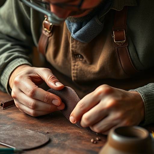 Artesano trabajando cuero para crear una cartera.