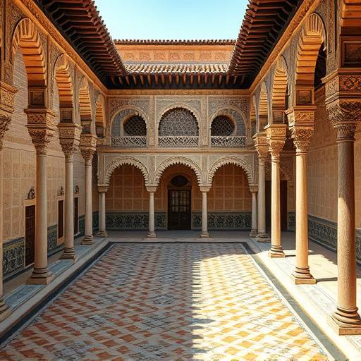 Detalle de los azulejos y arcos en la Alhambra de Granada