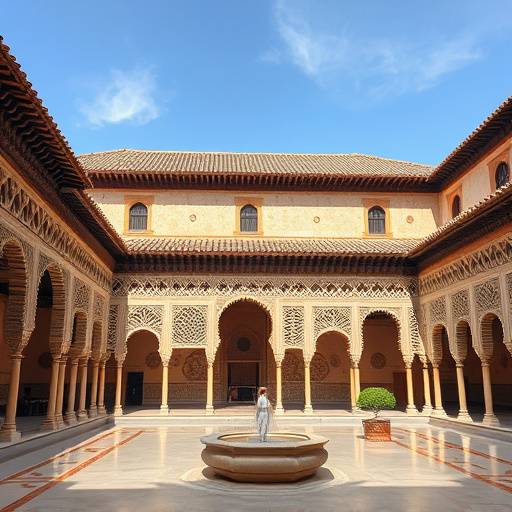 El Patio de los Leones en la Alhambra de Granada, mostrando la delicada arquitectura isl&aacute;mica y sus arcos caracter&iacute;sticos.