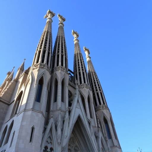 Fachada de la Sagrada Familia en Barcelona, con detalles modernistas y torres elev&radic;&deg;ndose hacia el cielo.