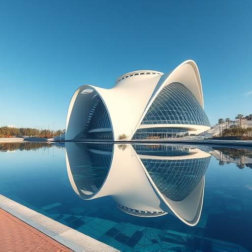 La futurista Ciudad de las Artes y las Ciencias de Valencia, reflej&aacute;ndose en las aguas circundantes.