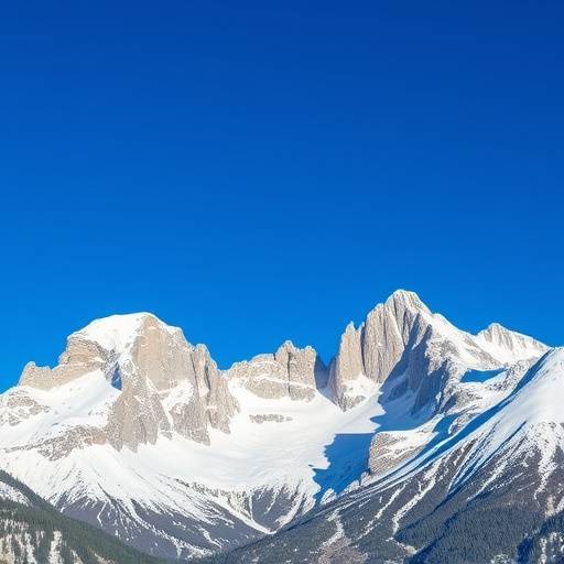 Los Picos de Europa cubiertos de nieve, con un cielo azul intenso.