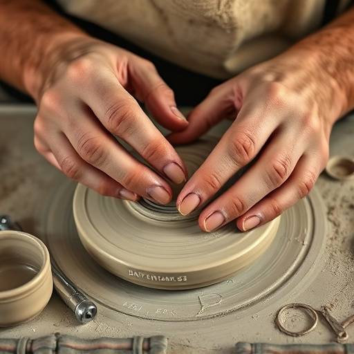 Manos de un artesano trabajando arcilla en un taller tradicional.