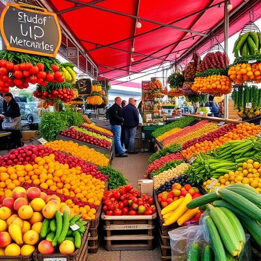Mercado local lleno de frutas, verduras y productos frescos.