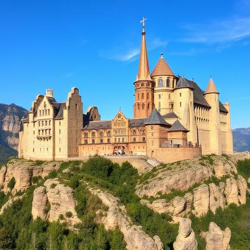 Monasterio de Montserrat anidado entre espectaculares formaciones rocosas de monta&ntilde;a.