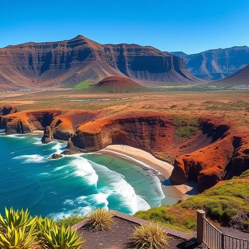 Paisaje de las Islas Canarias con playas volc&aacute;nicas y vegetaci&oacute;n exuberante.