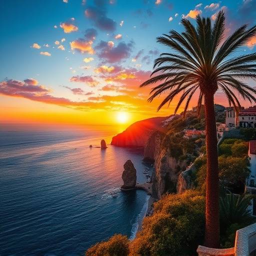 Paisaje espectacular de la costa mediterr&radic;&deg;nea al atardecer, con palmeras y un mar azul profundo.