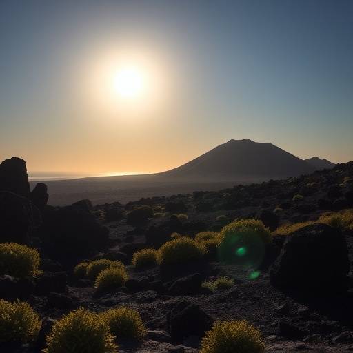 Paisaje volc&radic;&deg;nico lunar en Lanzarote con rocas oscuras y vegetaci&radic;&ge;n escasa bajo un sol brillante.