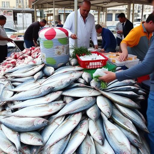 Pescados frescos expuestos en un mercado matutino en el puerto de C&aacute;diz, con pescadores trabajando en el fondo.