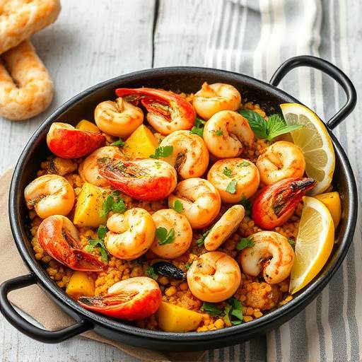 Primer plano de una paella valenciana colorida con mariscos y pollo