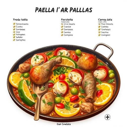 Primer plano de una paella valenciana humeante, con ingredientes frescos como conejo, pollo, jud&iacute;as verdes y garrof&oacute;.