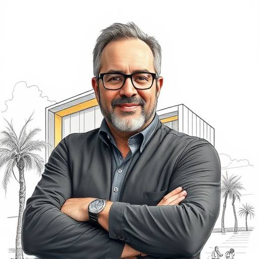 Retrato de Javier Soler, arquitecto sonriente con un boceto de edificio moderno en la mano.
