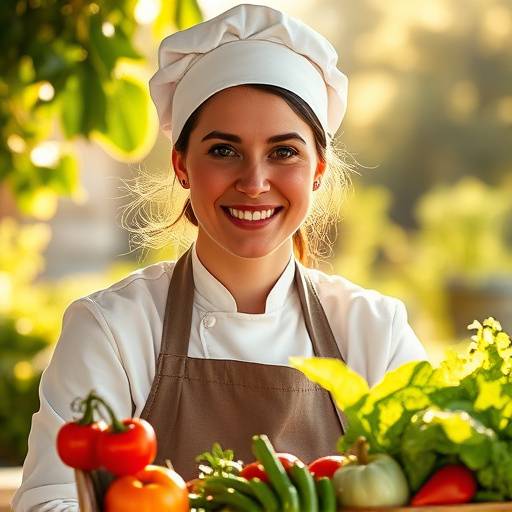 Retrato de la Chef Elena Navarro en un entorno natural, se&ntilde;alando un plato de verduras frescas