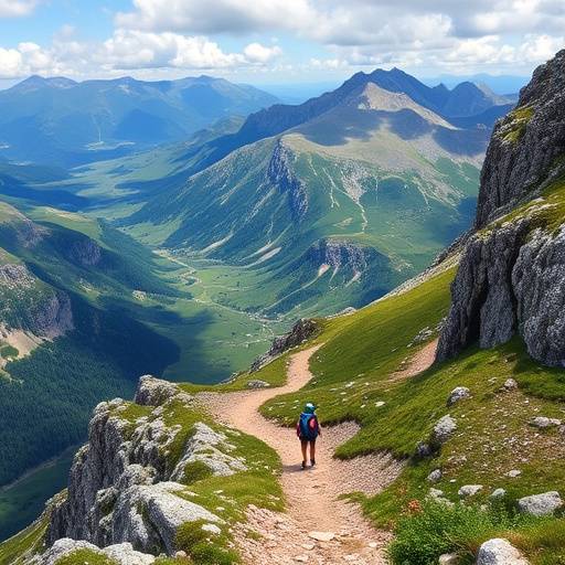 Un camino de senderismo en los Picos de Europa con vistas a monta&ntilde;as escarpadas y valles verdes.