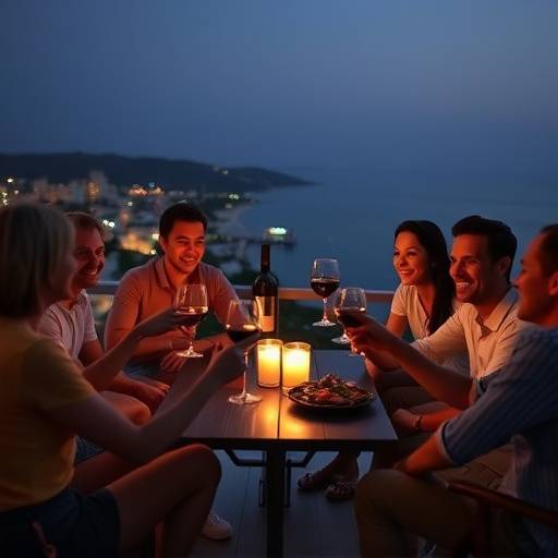 Un grupo de amigos brindando con copas de vino tinto en una terraza con vistas a la costa mediterr&aacute;nea.
