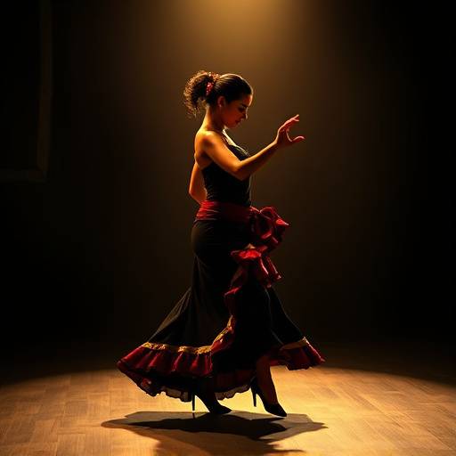 Una bailaora de flamenco realizando un movimiento apasionado en un tablao oscuro.